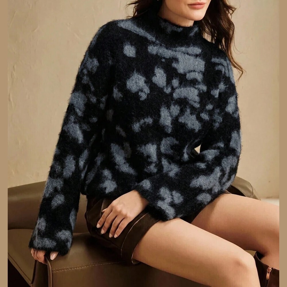 Black Gray Animal Print Fuzzy Knit Stand Collar Loose Sweater